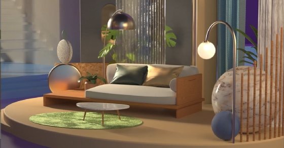 Photo d'un salon en 3D réalisé avec Adobe Substance 3D
