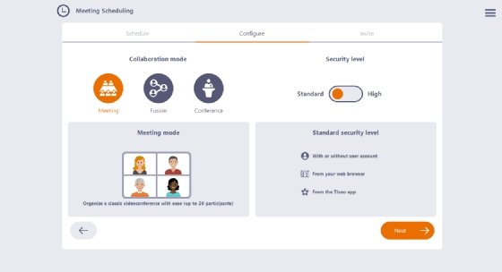 Panneau de configuration du niveau de sécurité des visios avec Tixeo