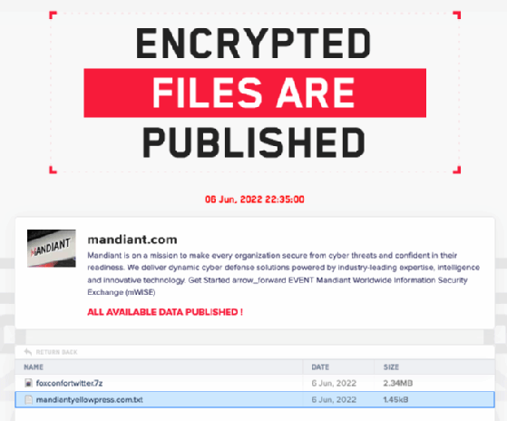Capture d'écran de la revendication d'une attaque contre Mandiant, sur le site vitrine de LockBit.