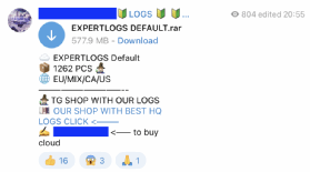 Mise en vente d'un jeu de logs dans un channel Telegram dédié.