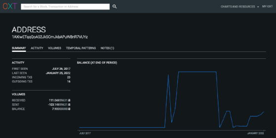 Screenshot of the activity history associated with a Bitcoin address.