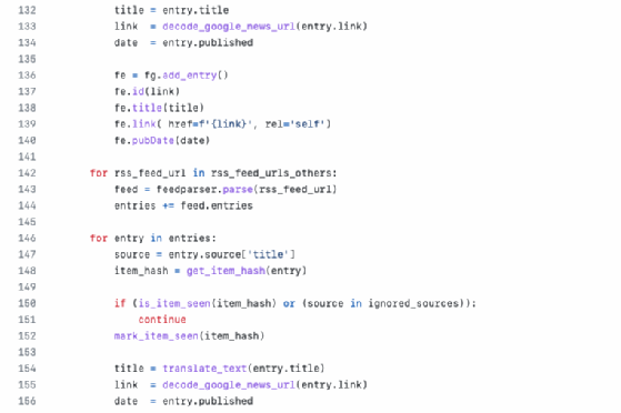 Capture d'écran d'un extrait du code Python de génération du meta-flux RSS.