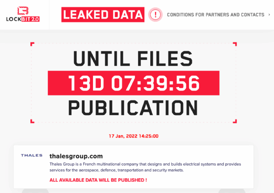 Capture d'écran de la menace d'un affidé de LockBit 2.0 de divulguer des données appartenant soi-disant à Thales.