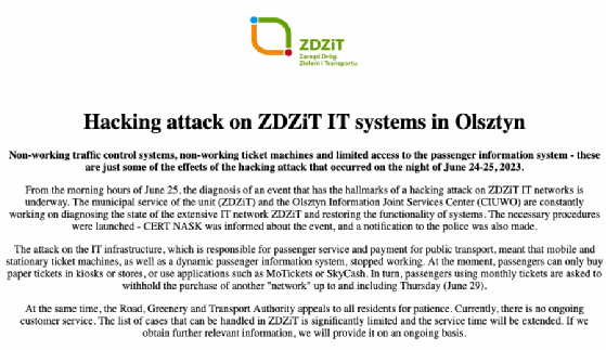 Capture d'écran présentant le message d'information publié sur le site Web de la ZDZiT.