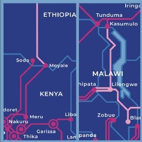 Map showing location and connections of two fully redundant terrestrial networking routes connecting Kenya to Ethiopia and Zambia to Malawi