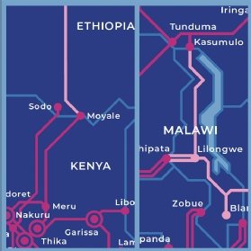 خريطة توضح الموقع والاتصالات بين طريقين شبكيين أرضيين متكررين بالكامل يربطان كينيا بإثيوبيا وزامبيا بمالاوي