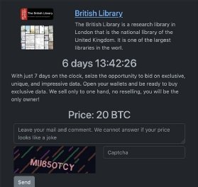 Screenshot showing Rhysida web page selling data claimed to be stolen from the British Library. 