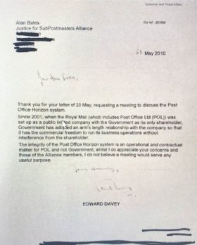 Ed Davey'in Mayıs 2010'da Alan Bates'e yazdığı mektubun resmi