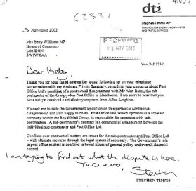 Stephen Timms'in Alan Bates'in milletvekili Betty Williams'a yazdığı mektubun resmi