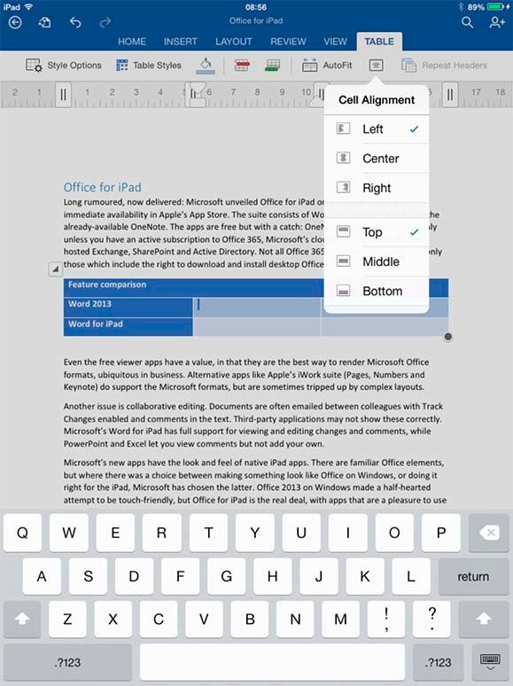 Word for iPad: Working with a table in Word for iPad ...