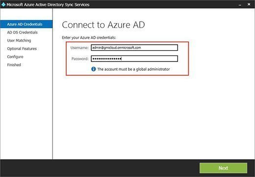 Login page for Azure AD Sync