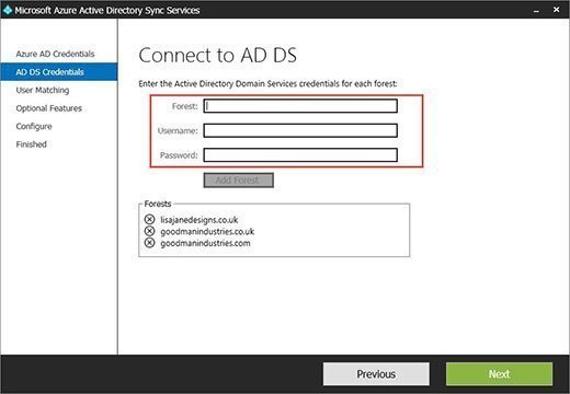 Connecting Azure AD Sync Services to each Active Directory forest
