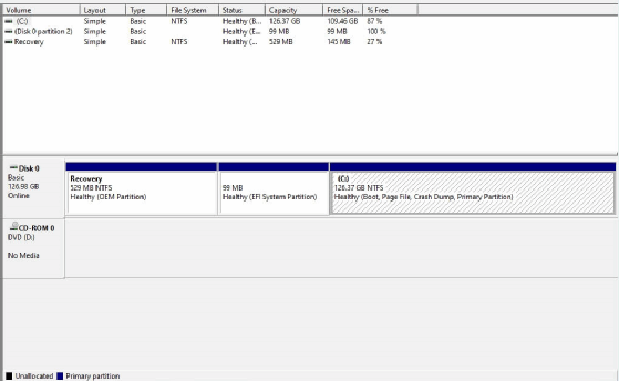 windows media center os partiontion size