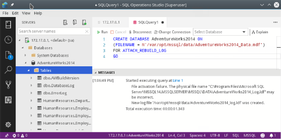 Example of attaching a database to a container with SQL Operations Studio