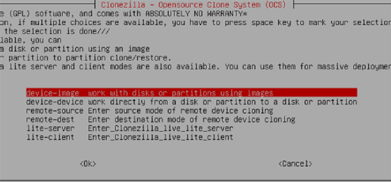 Backup type selection in Clonezilla