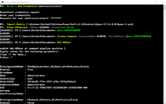 Abbildung 2: PowerShell Direct fordert zur Eingabe der Zugangsdaten auf, um Zugriff auf die Hyper-V VM zu erhalten.