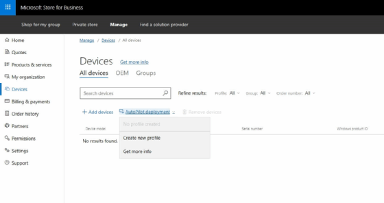 Im US-amerikanischen Microsoft Store for Business findet sich der der Windows Autopilot im Bereich Devices.