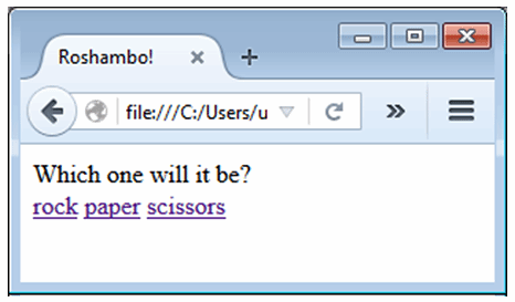 The roshambo user interface with a prompt and three links.