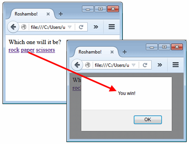 The roshambo application using a JavaScript alert box.