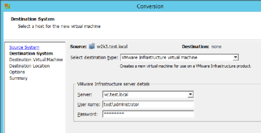 VM server destination