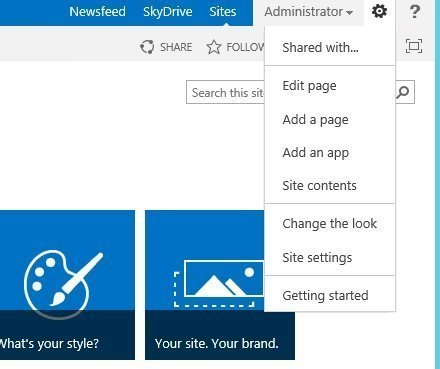 SharePoint, Settings icon, click Site Settings