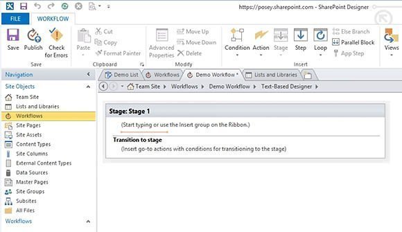 This is SharePoint’s text-based workflow designer