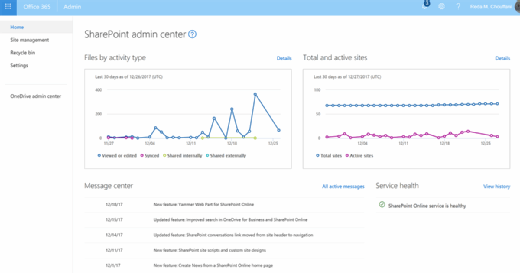 Aktivitäten im SharePoint Admin Center überblicken.