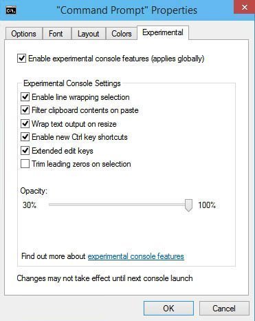The Experimental tab shows which new features are enabled by default.