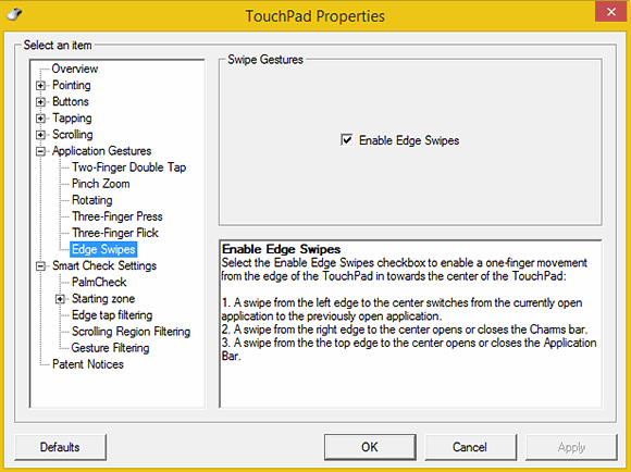 These are the TouchPad Properties dialog box settings for a Lenovo laptop touchpad.