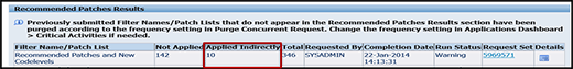 Fig. 2: The recommended patches results for 12.1.3. Note the Applied Indirectly column.
