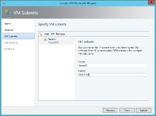 Enter a name and subnet for the VM network