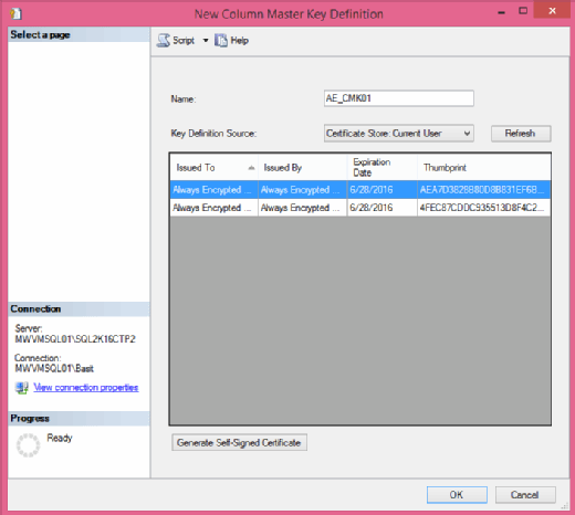 New Column Master Key Definition dialog box.