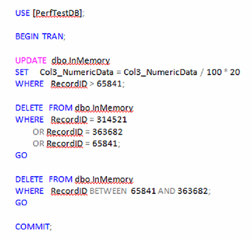 Figure 10. T-SQL code to UPDATE and DELETE in dbo. InMemory.