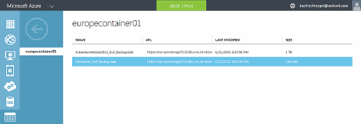Figure 11: The Azure Management Portal showing the newly created backup file