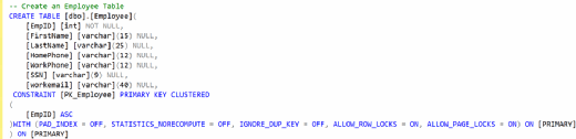 Figure 13. Syntax for creating the employee table.