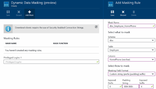 Figure 15. Create and add the HomePhone masking rule in Azure SQL Database.