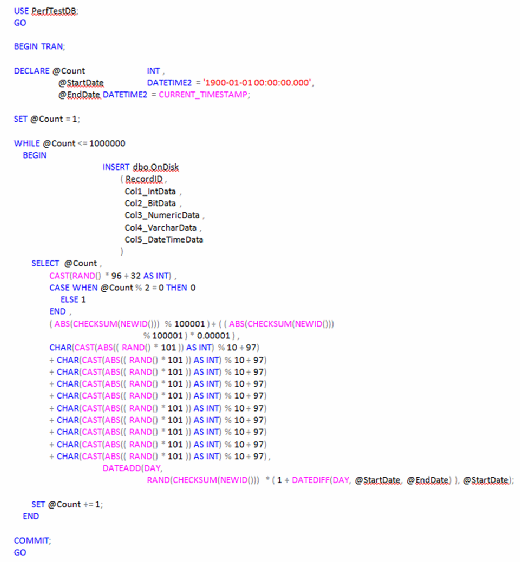 Figure 3. The T-SQL script to create one million rows in dbo.OnDisk.