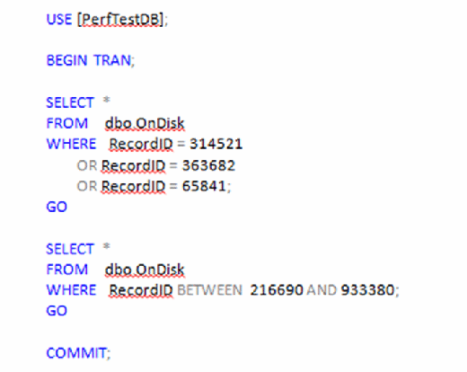 Figure 6. T-SQL code to return multiple rows to dbo.OnDisk.