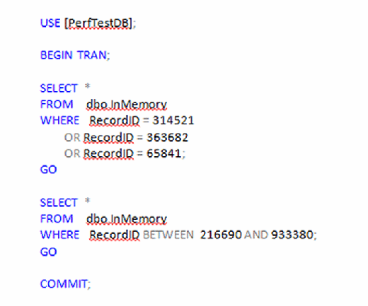 Figure 7. T-SQL code to return multiple rows to dbo.InMemory.