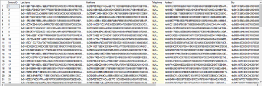 Results from querying the dbo.Contact_AlwaysEncryptedDemo table.