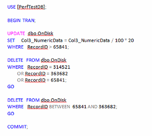 Figure 9. T-SQL code to UPDATE and DELETE in dbo.OnDisk.