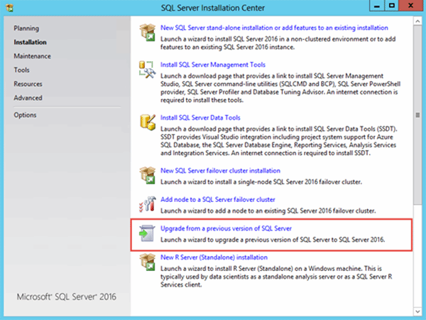 software overview > rms monitoring software > server... SQL Server Installation Center steps for SQL Server 2016 upgrades
