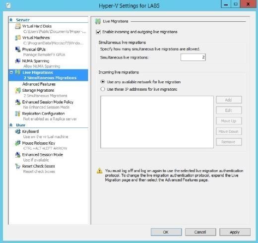 Hyper-V must be enabled for live migrations.