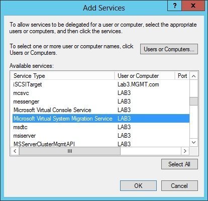 Enable delegation for the Microsoft Virtual System Migration Service