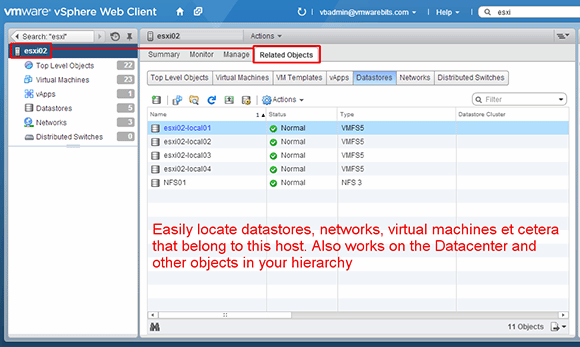 Related objects in vSphere Web Client window