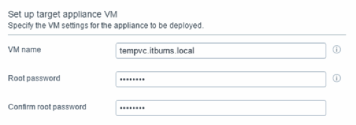 Eingabe von Name und Passwort für den temporären vCenter Server.