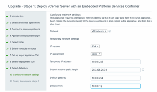 Eingabe temporärer IP-Einstellungen des temporären vCenter.