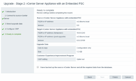 Übersicht über die zu installierende vCenter Server Appliance.