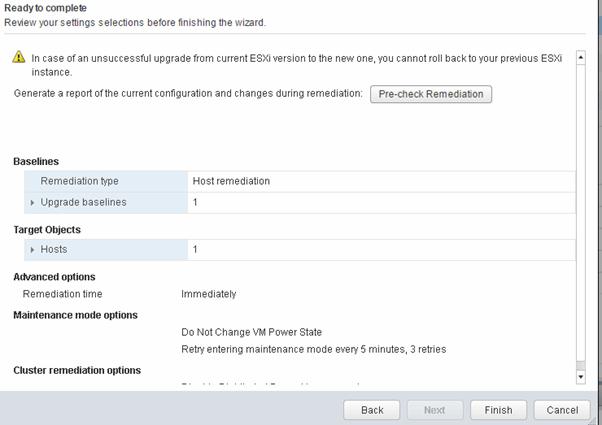 Pre-check Remediation vor dem eigentlichen ESXi-Upgrade.