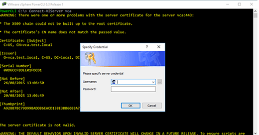 vCenter Server login window.